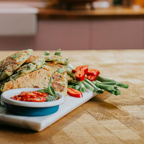 Healthy Courgette Fritters with Roasted Red Pepper Dip