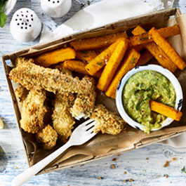 Nut-Crusted Fish Goujons and Butternut Squash Chips