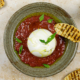 Burrata with Rhubarb Compote and Pink Peppercorns